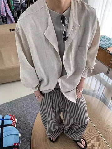 AIDASE  -  American Retro Linen irt Men's Lazy Loose Long Sve Collarl Design Sensation Cleanfit Top Sun Protection Casual Sle aidase-shop